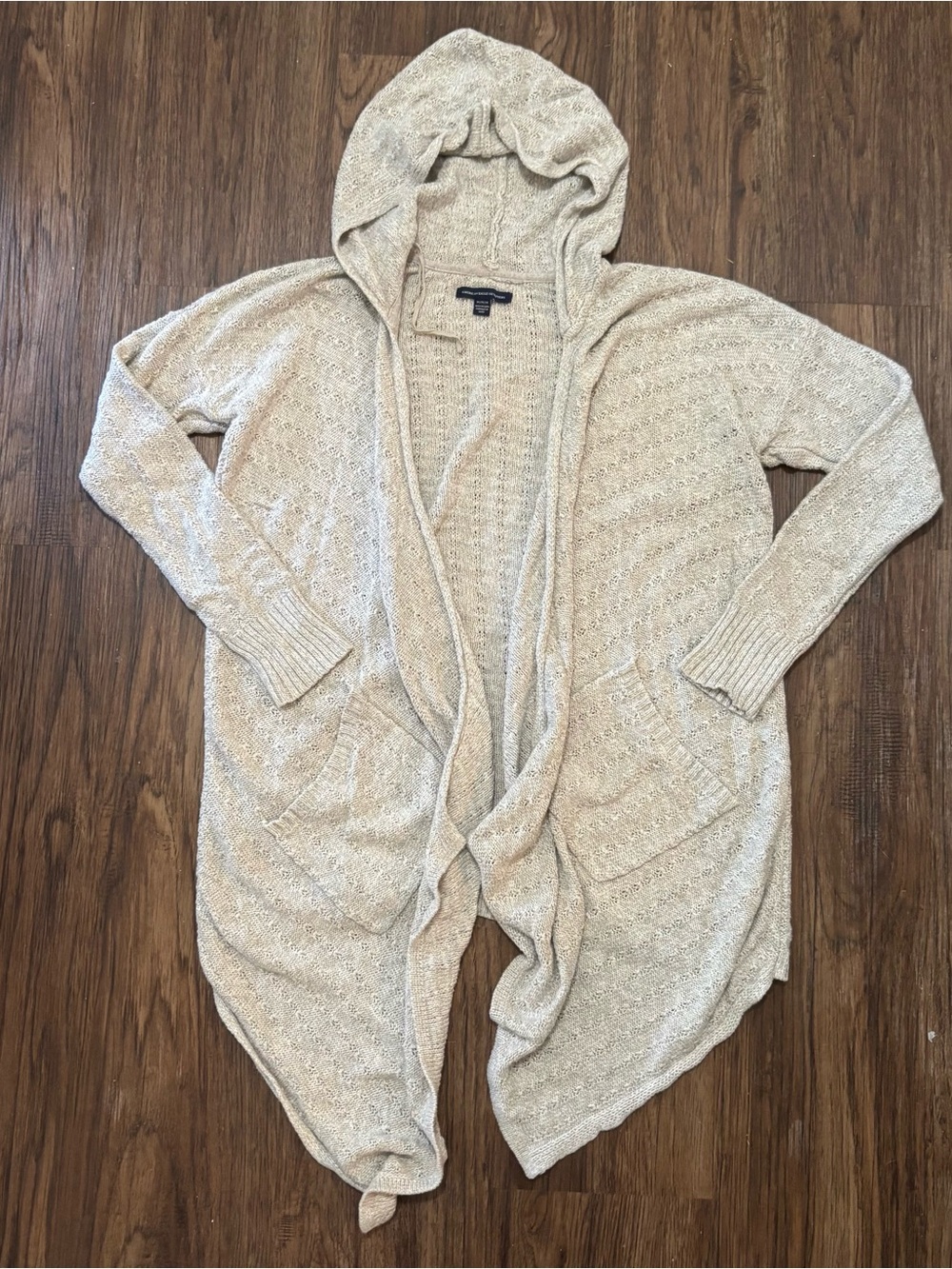 American Eagle 2016 Oatmeal Knit Hooded Duster Cardigan Open Front M